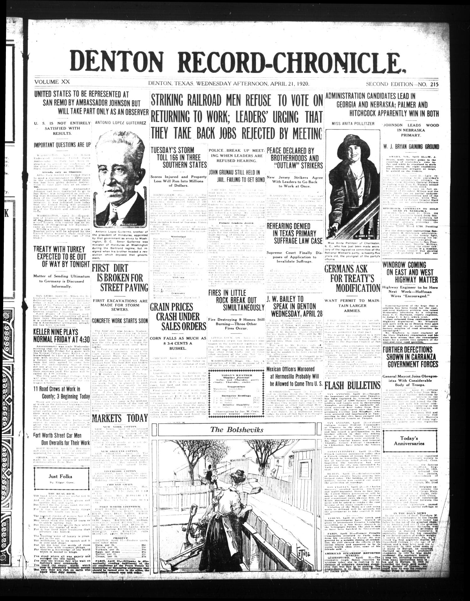 Denton Record-Chronicle. (Denton, Tex.), Vol. 20, No. 215, Ed. 1 Wednesday, April 21, 1920
                                                
                                                    [Sequence #]: 1 of 8
                                                