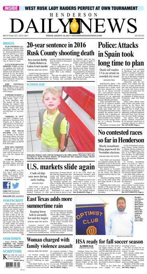 Primary view of Henderson Daily News (Henderson, Tex.), Vol. 88, No. 129, Ed. 1 Friday, August 18, 2017
