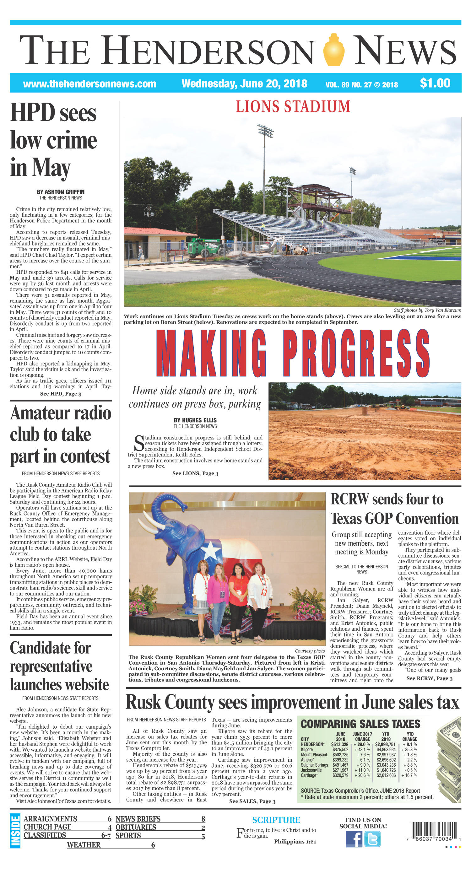 The Henderson News (Henderson, Tex.), Vol. 89, No. 27, Ed. 1 Wednesday, June 20, 2018
                                                
                                                    [Sequence #]: 1 of 8
                                                