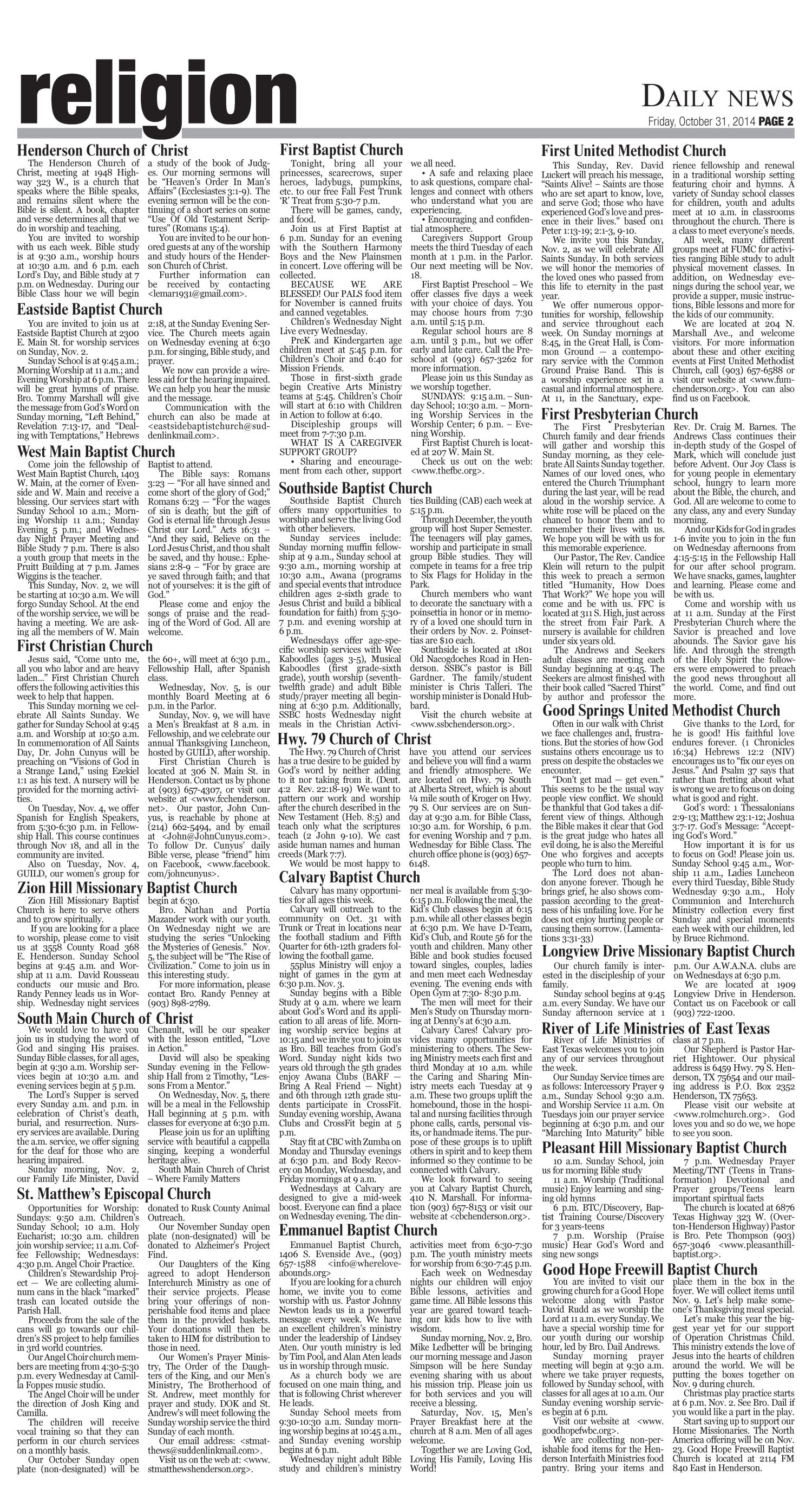 Henderson Daily News (Henderson, Tex.), Vol. 85, No. 191, Ed. 1 Friday, October 31, 2014
                                                
                                                    [Sequence #]: 2 of 8
                                                