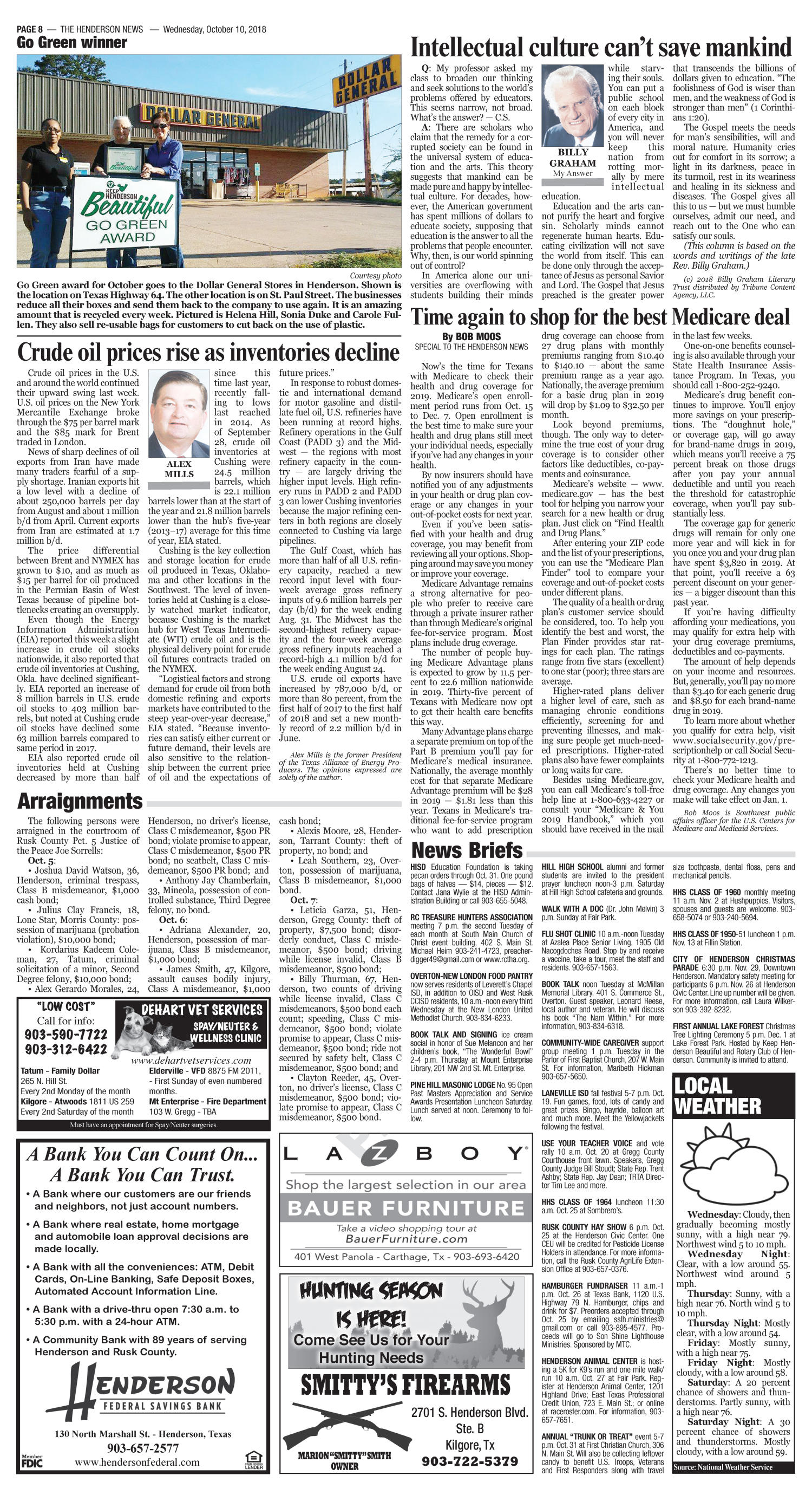 The Henderson News (Henderson, Tex.), Vol. 89, No. 59, Ed. 1 Wednesday, October 10, 2018
                                                
                                                    [Sequence #]: 8 of 10
                                                