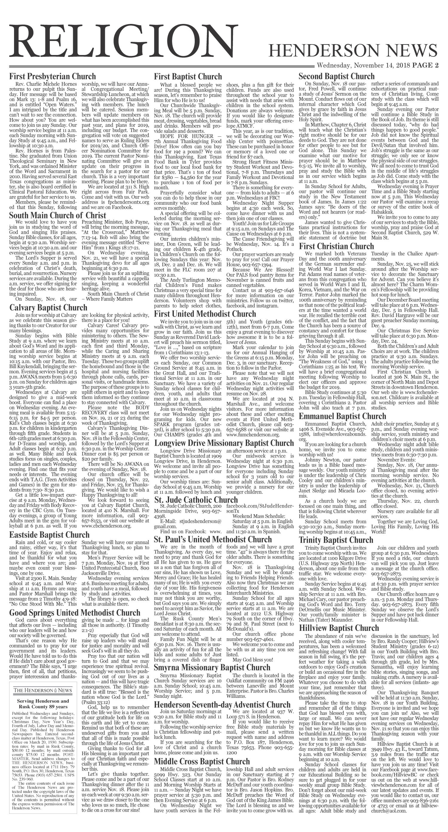The Henderson News (Henderson, Tex.), Vol. 89, No. 69, Ed. 1 Wednesday, November 14, 2018
                                                
                                                    [Sequence #]: 2 of 8
                                                