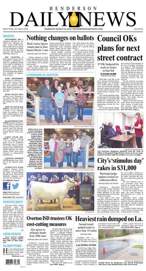 Primary view of object titled 'Henderson Daily News (Henderson, Tex.), Vol. 86, No. 302, Ed. 1 Thursday, March 10, 2016'.