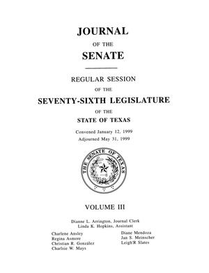 Primary view of object titled 'Journal of the Senate, Regular Session of the Seventy-Sixth Legislature of the State of Texas, Volume 3'.