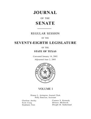 Primary view of object titled 'Journal of the Senate, Regular Session of the Seventy-Eighth Legislature of the State of Texas, Volume 1'.