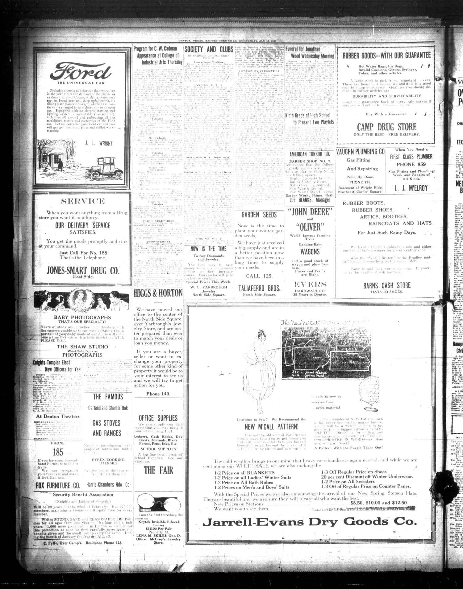 Denton Record-Chronicle. (Denton, Tex.), Vol. 21, No. 130, Ed. 1 Wednesday, January 12, 1921
                                                
                                                    [Sequence #]: 6 of 6
                                                