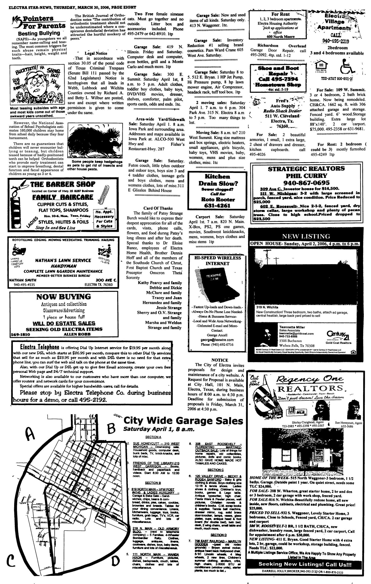 Electra Star-News (Electra, Tex.), Vol. 99, No. 33, Ed. 1 Thursday, March 30, 2006
                                                
                                                    [Sequence #]: 8 of 8
                                                