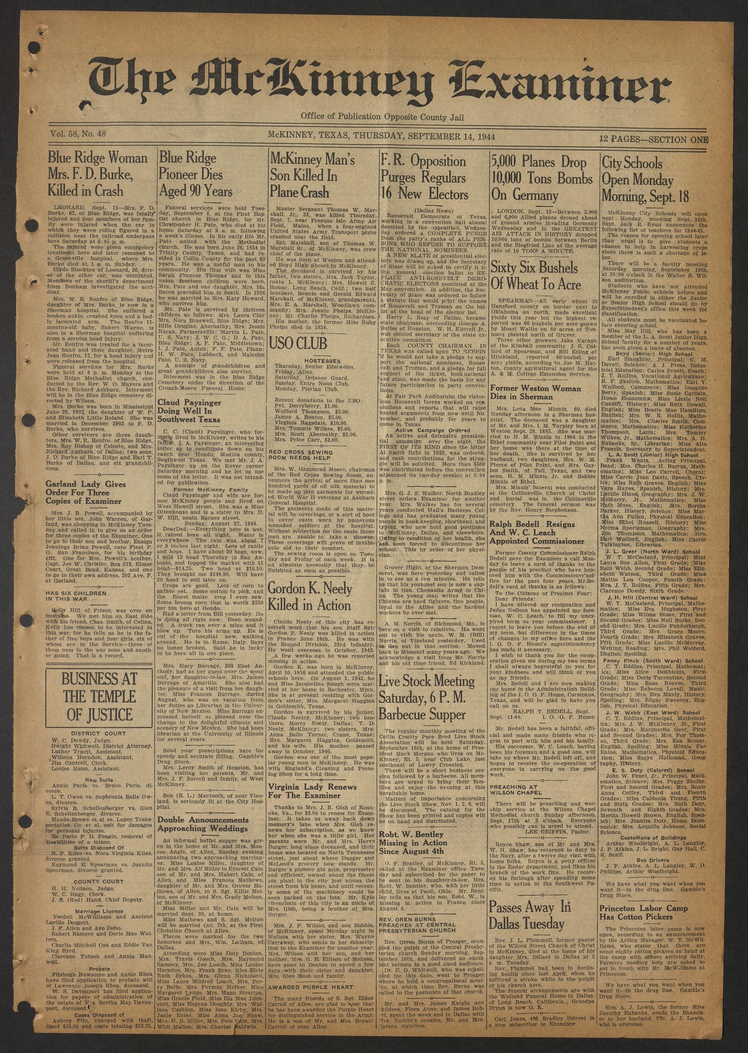 The McKinney Examiner (McKinney, Tex.), Vol. 58, No. 48, Ed. 1 Thursday, September 14, 1944
                                                
                                                    [Sequence #]: 1 of 12
                                                