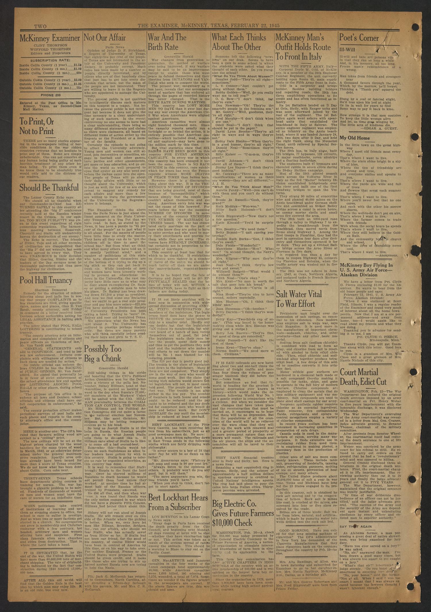 The McKinney Examiner (McKinney, Tex.), Vol. 59, No. 19, Ed. 1 Thursday, February 22, 1945
                                                
                                                    [Sequence #]: 2 of 12
                                                