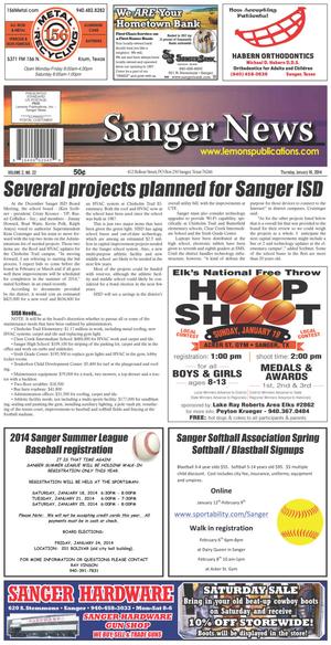 Primary view of Sanger News (Sanger, Tex.), Vol. 2, No. 22, Ed. 1 Thursday, January 16, 2014
