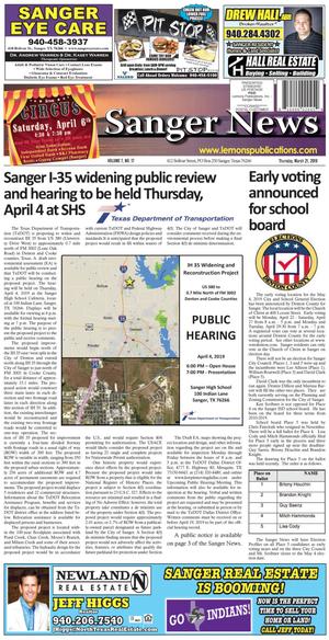 Primary view of object titled 'Sanger News (Sanger, Tex.), Vol. 7, No. 17, Ed. 1 Thursday, March 21, 2019'.