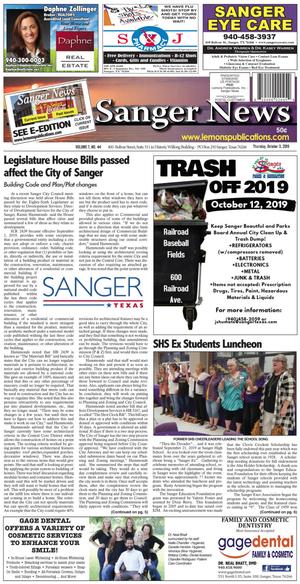 Primary view of object titled 'Sanger News (Sanger, Tex.), Vol. 7, No. 44, Ed. 1 Thursday, October 3, 2019'.
