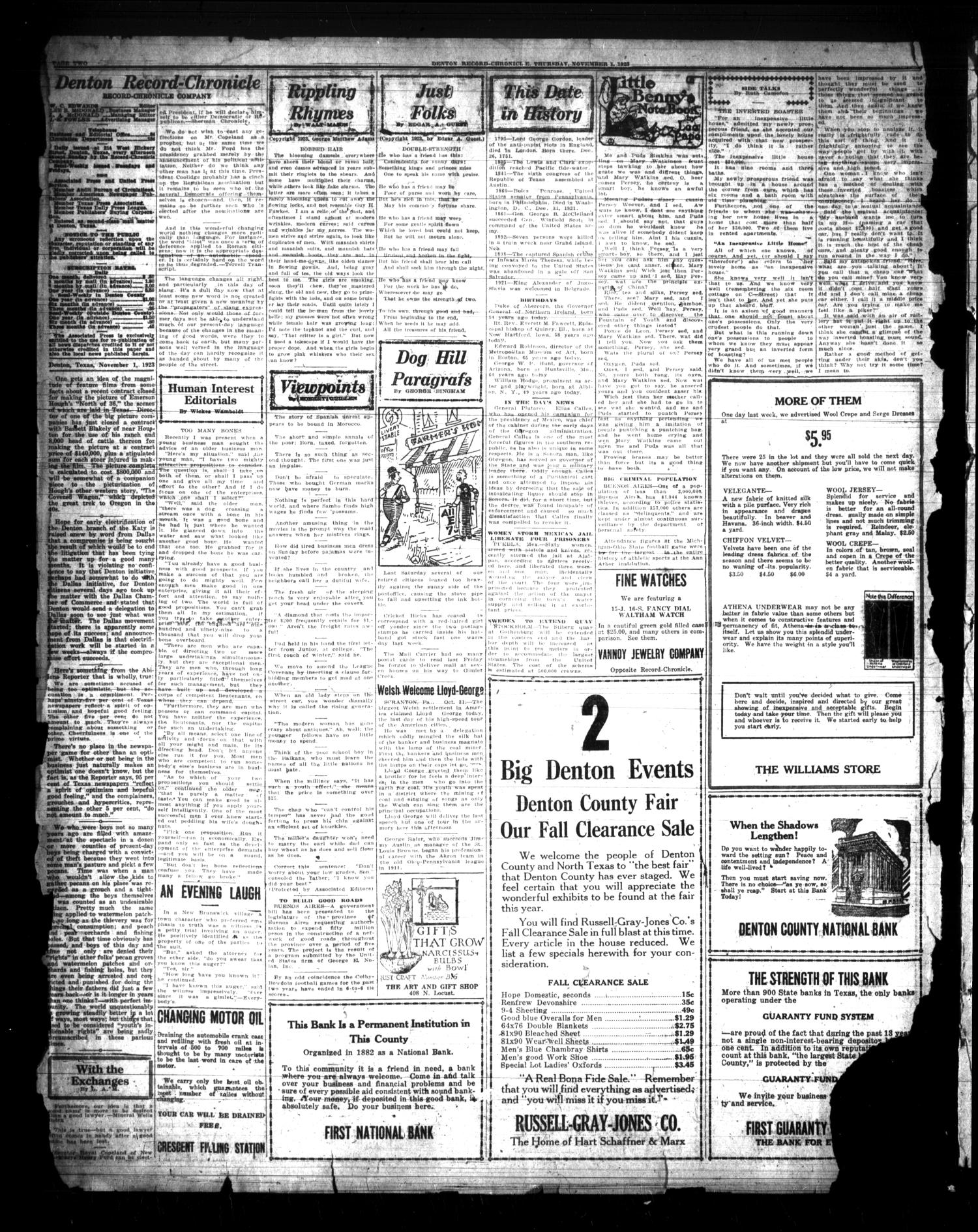 Denton Record-Chronicle (Denton, Tex.), Vol. 23, No. 68, Ed. 1 Thursday, November 1, 1923
                                                
                                                    [Sequence #]: 2 of 8
                                                
