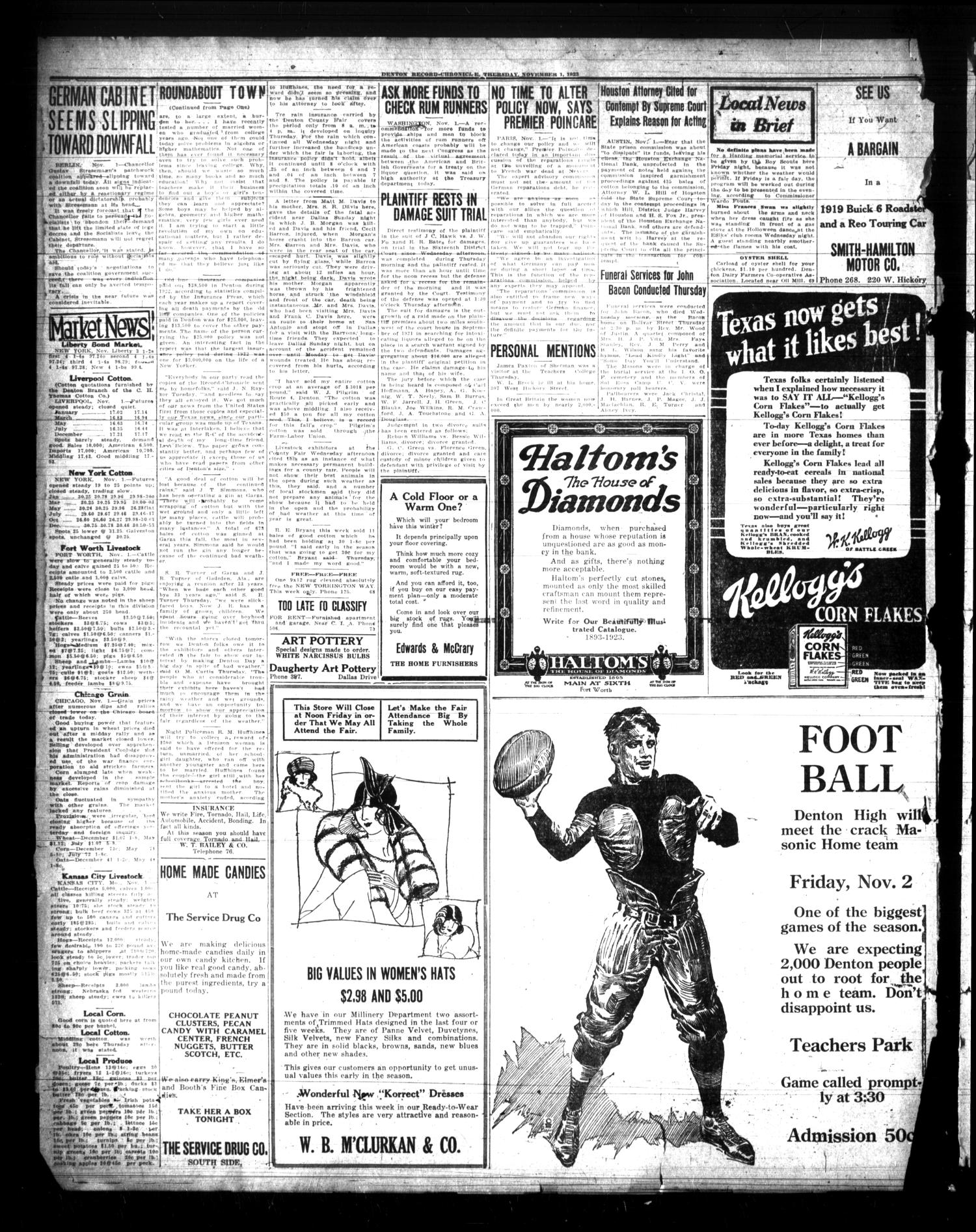 Denton Record-Chronicle (Denton, Tex.), Vol. 23, No. 68, Ed. 1 Thursday, November 1, 1923
                                                
                                                    [Sequence #]: 4 of 8
                                                