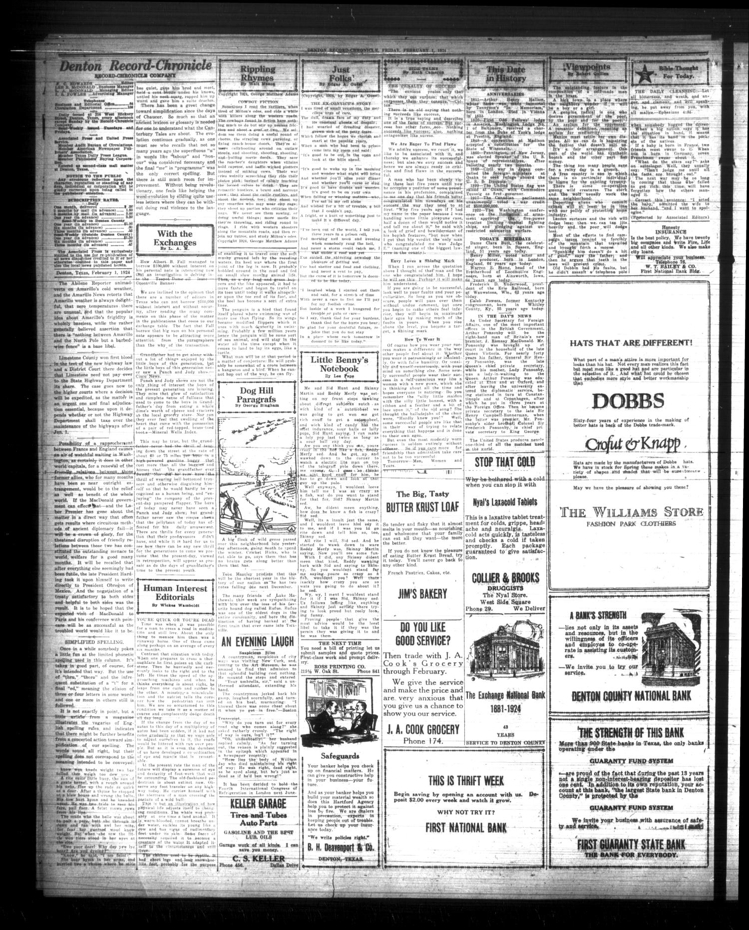 Denton Record-Chronicle (Denton, Tex.), Vol. 23, No. 146, Ed. 1 Friday, February 1, 1924
                                                
                                                    [Sequence #]: 2 of 8
                                                