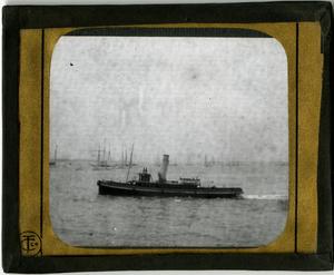 Glass Slide of Tugboat with Schooners in Background