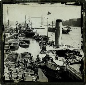 Glass Slide of People Boarding Steamship at a Wharf (London, England)