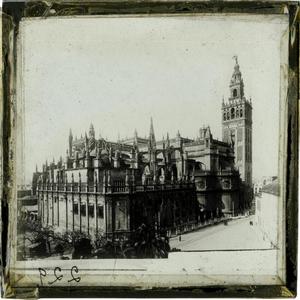 Primary view of object titled 'Glass Slide of the Cathedral of Seville and Giralda Belfry (Spain), No. 229'.