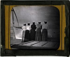 Glass Slide of Back of Group of Women on Ship WearingSailor Caps