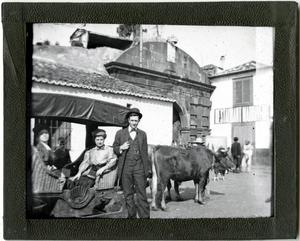 Glass Slide of Women in Sledge Pulled by Oxen