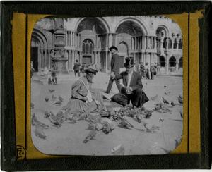 Glass Slide of Man and Woman Feeding Doves in Venice, Italy.