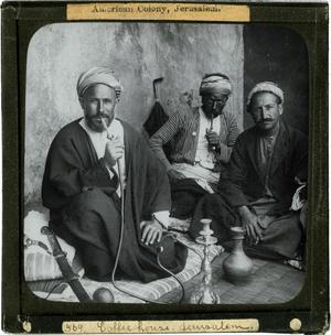 Glass Slide of Arab Men Smoking Hookas in Jerusalem Coffee House (Israel)