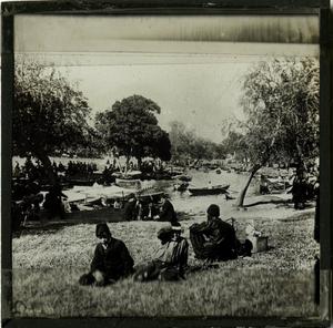 Glass Slide of Arab Men and Boys Picnicking Around  a Lake (Middle East)