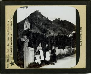 Primary view of object titled 'Glass Slide of Girls in Front of German Church (Kamp-Bornhofen, Germany)'.