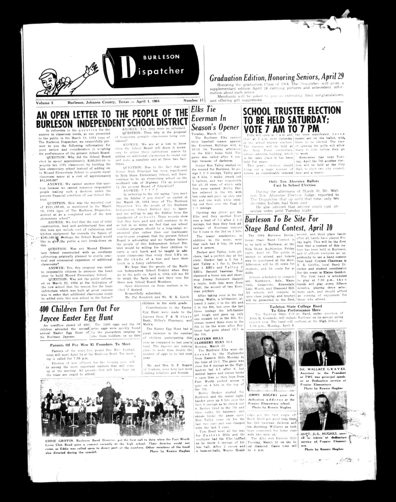 Burleson Dispatcher (Burleson, Tex.), Vol. 5, No. 17, Ed. 1 Wednesday, April 1, 1964
                                                
                                                    [Sequence #]: 1 of 8
                                                