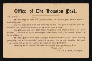 Primary view of object titled '[Postcard from the Houston Post to C. C. Cox, September 24, 192u]'.