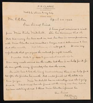 [Letter from P. R. Clarke to C. C. Cox, April 24, 1922]