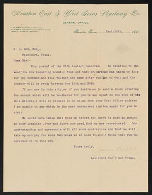 [Letter from James Appley to C. C. Cox, September 26, 1896]