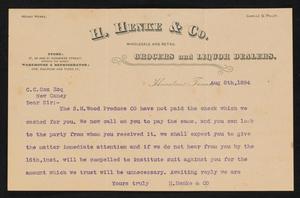 Primary view of object titled '[Letter from H. Henke and Company to C. C. Cox, August 8,1894]'.