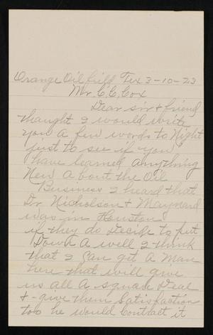 Primary view of object titled '[Letter from H. L. Duplissey to C. C. Cox, March 10, 1923]'.