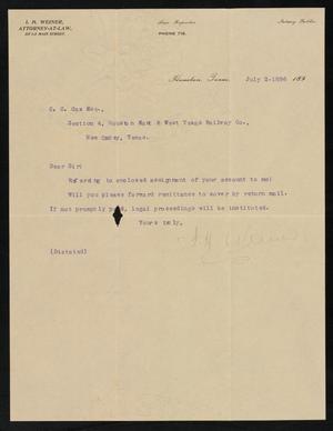 [Letter from I. H. Weiner to C. C. Cox, July 2, 1896]