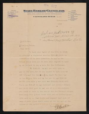 [Letter from H. Bartee to C. C. Cox, April 17, 1915]