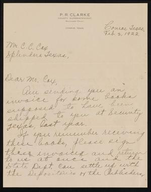 [Letter from P. R. Clarke to C. C. Cox, February 3, 1922]