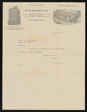 [Letter from W. W. Kimball Company to C. C. Cox, July 11, 1916]