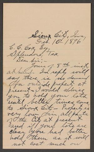 [Letter from H. G. Duugan to C. C. Cox, February 10, 1896]