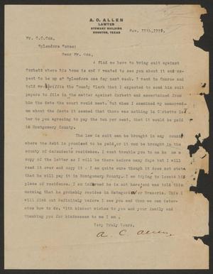 Primary view of object titled '[Letter from A. C. Allen to C. C. Cox, November 18th, 1918]'.