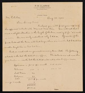 [Letter from P. R. Clarke to C. C. Cox, August 23, 1922]