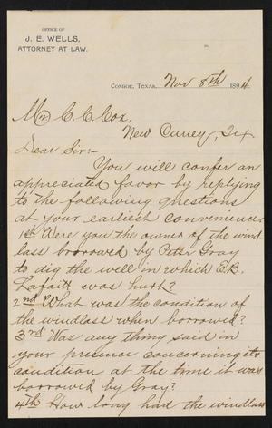 Primary view of object titled '[Letter from J. E. Wells to C. C. Cox, November 8th, 1894]'.