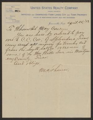 Primary view of object titled '[Letter from M. A. Thomas, April 25, 1913]'.