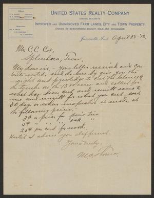 [Letter from M. A. Thomas to C. C. Cox, April 28, 1913]