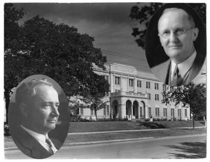 Front of Marquis Hall with Two Superimposed Portraits