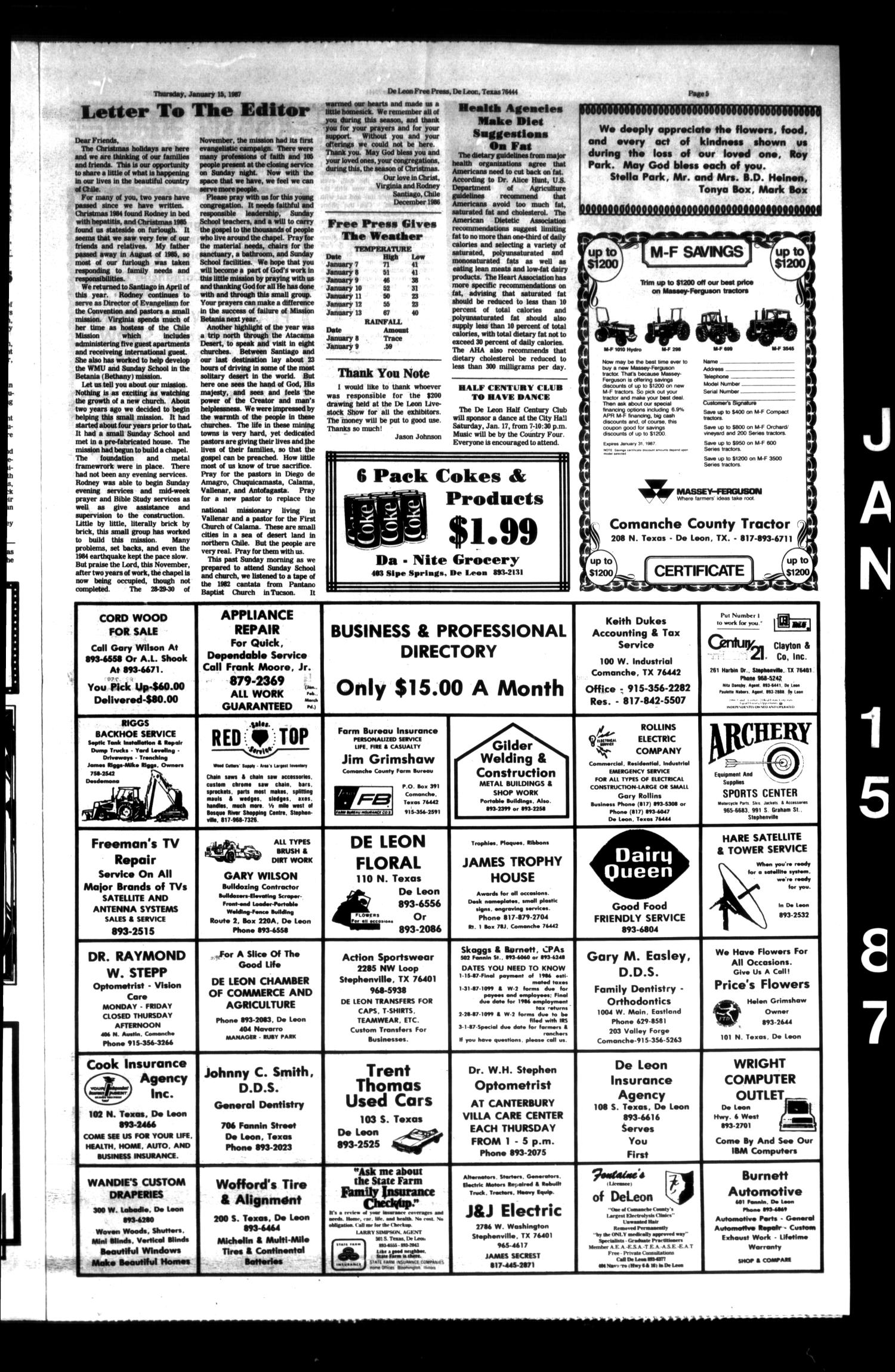 De Leon Free Press (De Leon, Tex.), Vol. 101, No. 33, Ed. 1 Thursday, January 15, 1987
                                                
                                                    [Sequence #]: 5 of 12
                                                