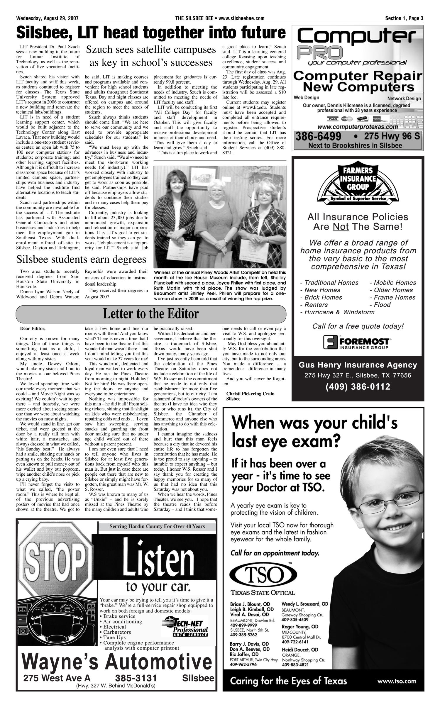 The Silsbee Bee (Silsbee, Tex.), Vol. 91, No. 35, Ed. 1 Wednesday, August 29, 2007
                                                
                                                    [Sequence #]: 3 of 22
                                                