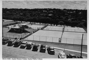 Primary view of object titled '[Aerial view of courts and seats at Caswell Tennis Center]'.