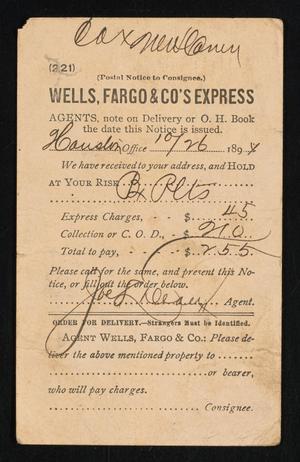 Primary view of object titled '[Postcard from Wells, Fargo and Company to C. C. Cox, October 26, 1894]'.