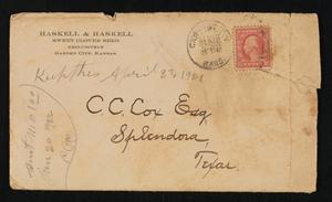Primary view of object titled '[Envelope from Haskell and Haskell to C. C. Cox, April 23, 1921]'.